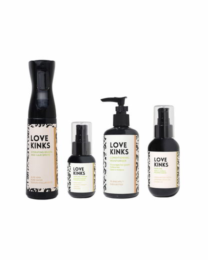 4 Step routine with spray bottle, serum, moisturiser and oil